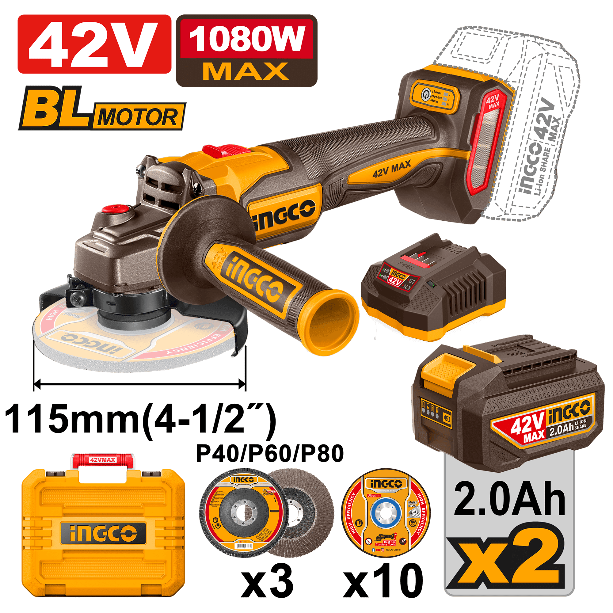 42V 1080W Cordless Angle Grinder