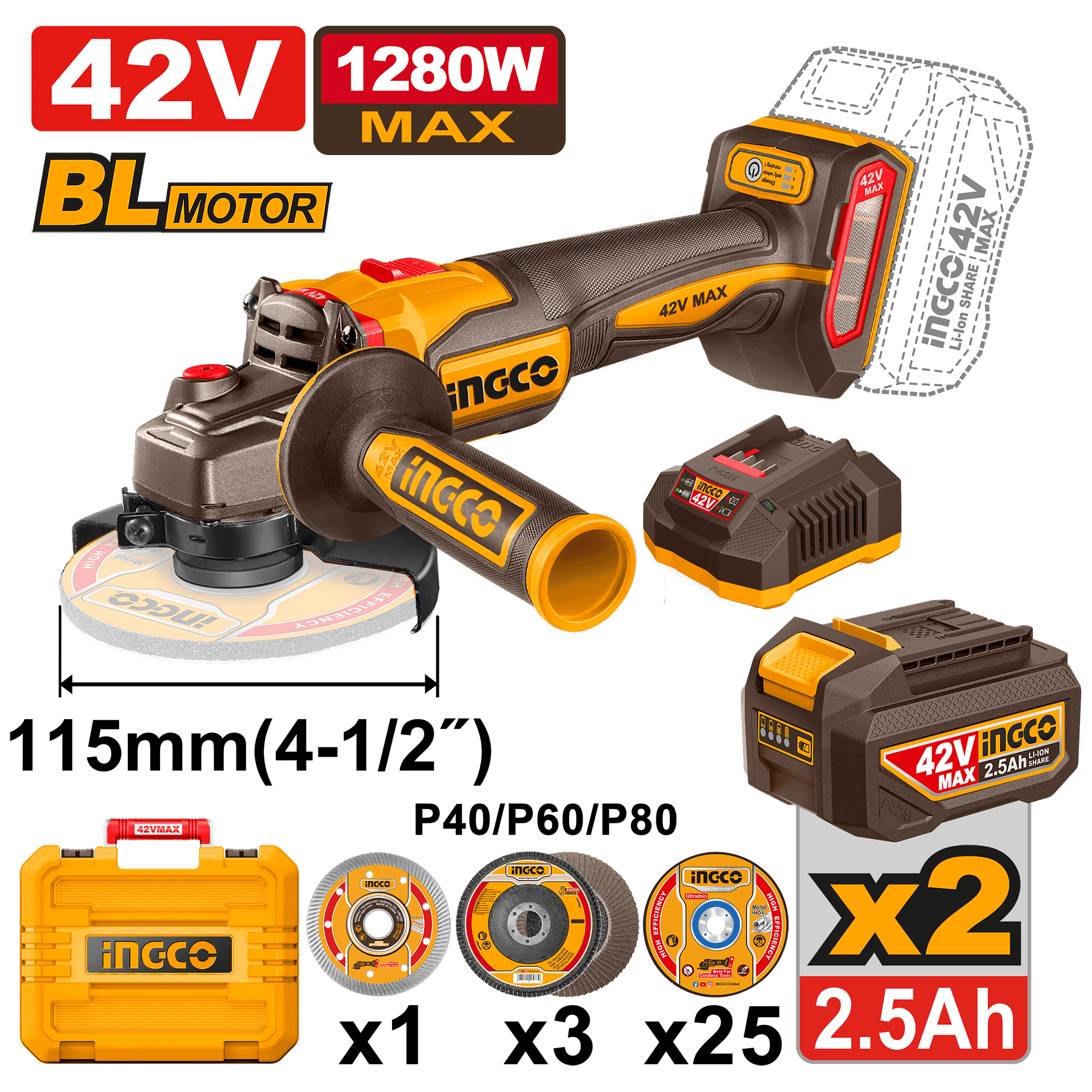 42V 1280W Cordless Angle Grinder Kit