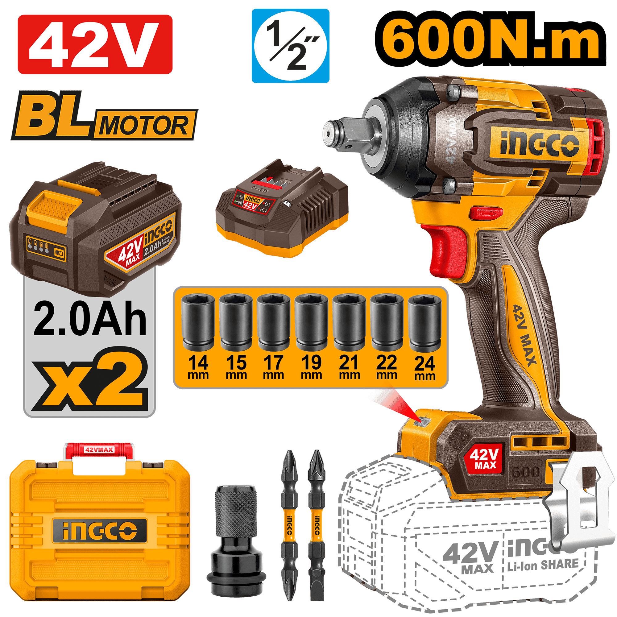42V 600Nm Cordless Impact Wrench Kit